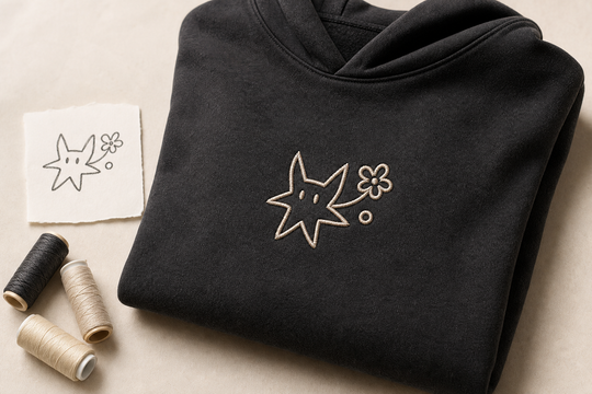 Hoodie personnalisé Kaito Global — motif dessiné transformé en broderie sur hoodie noir.
