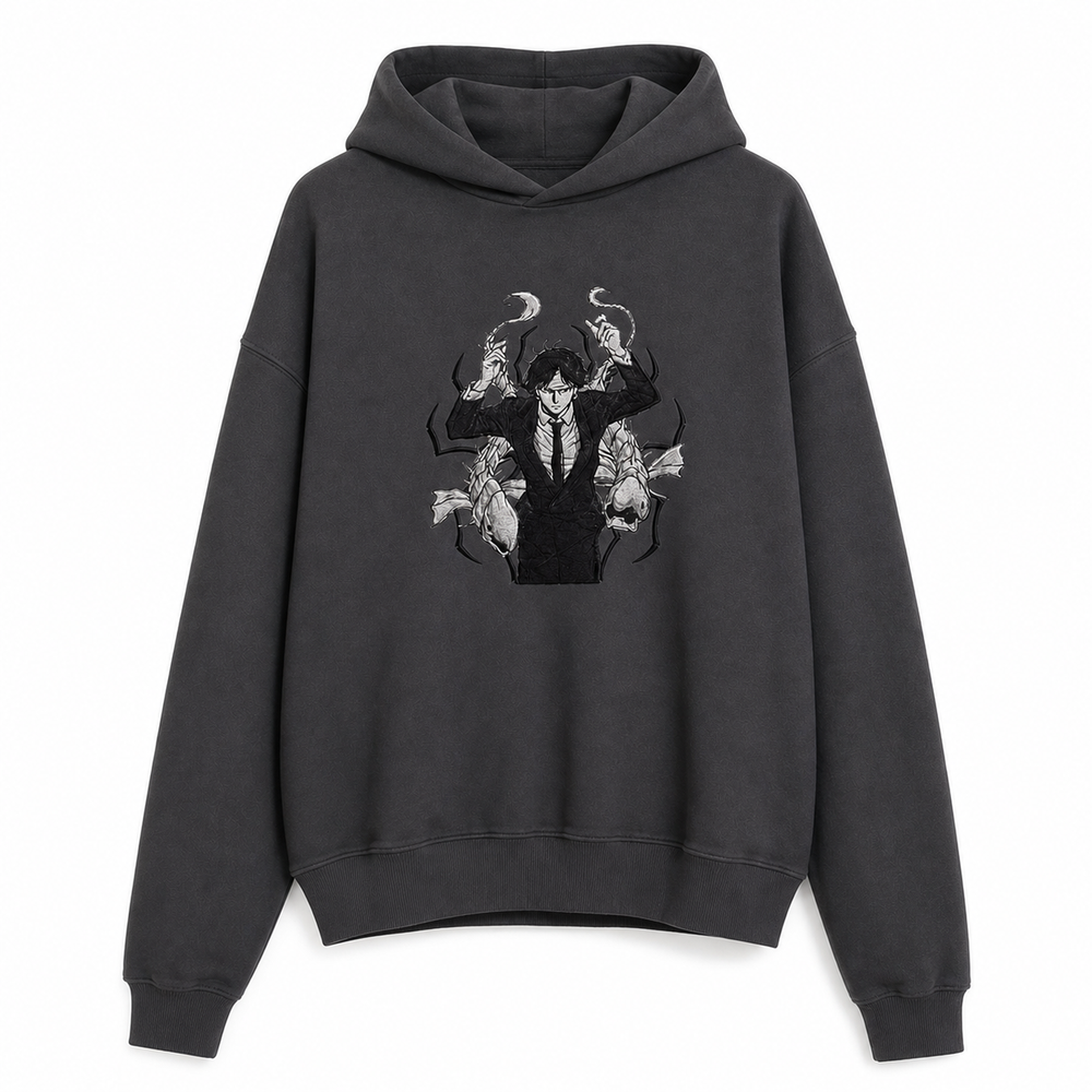 Kaito The False Prophet — dark gray full hoodie, corrected single collar seam, v20260623.