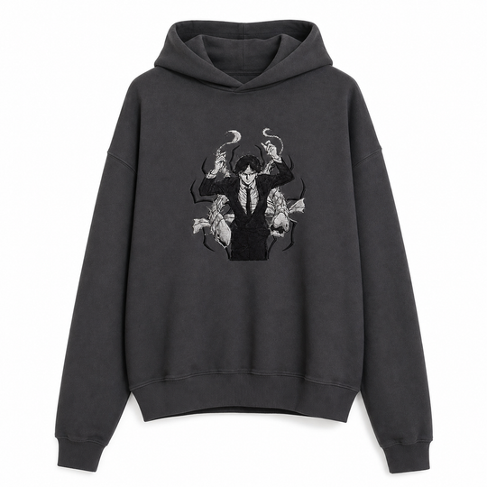 Kaito The False Prophet — dark gray full hoodie, corrected single collar seam, v20260623.