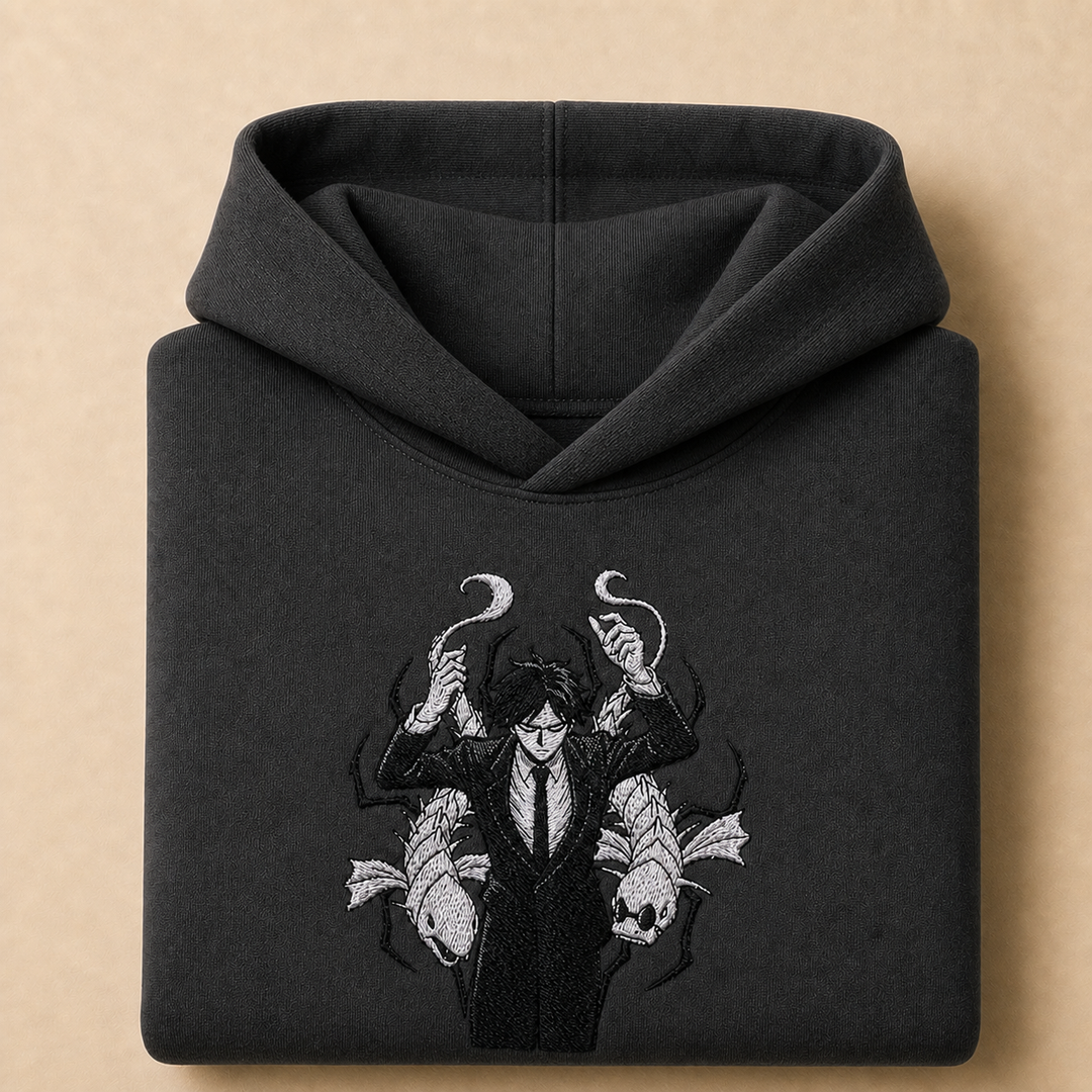 Kaito The False Prophet — dark gray folded hoodie, corrected single collar seam, v20260623.