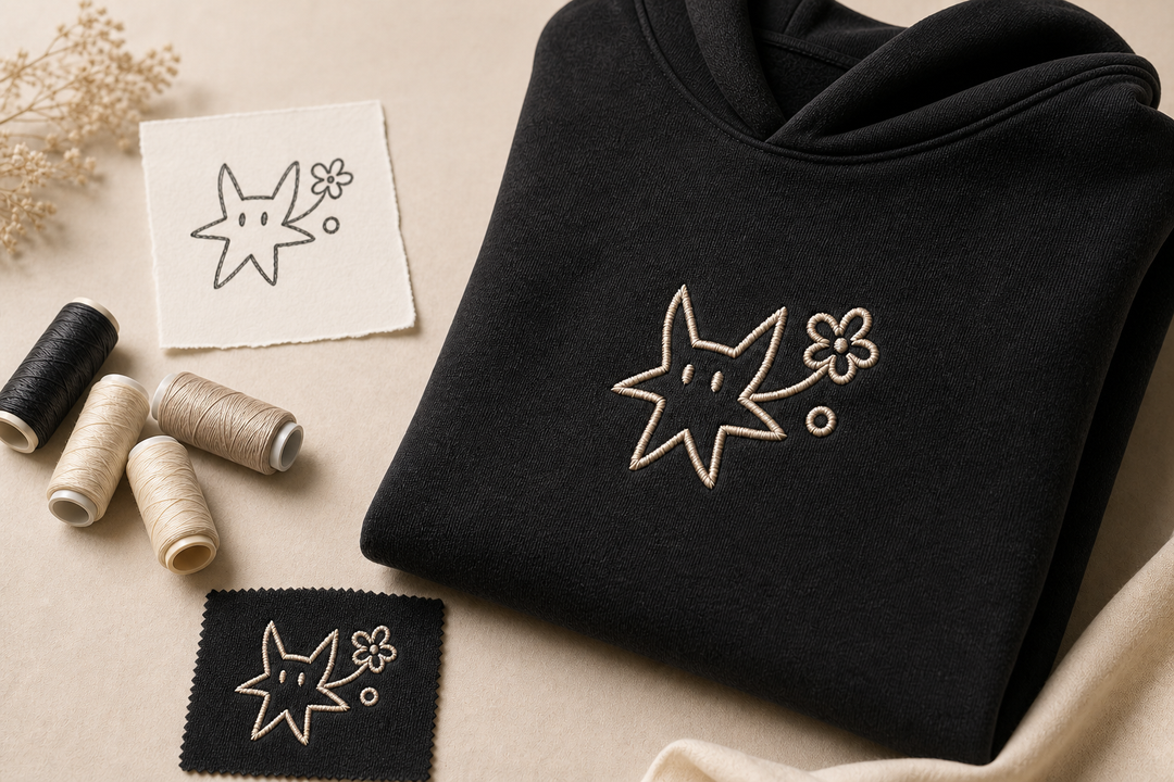 Hoodie personnalisé Kaito Global — processus croquis, fils et preview brodée.