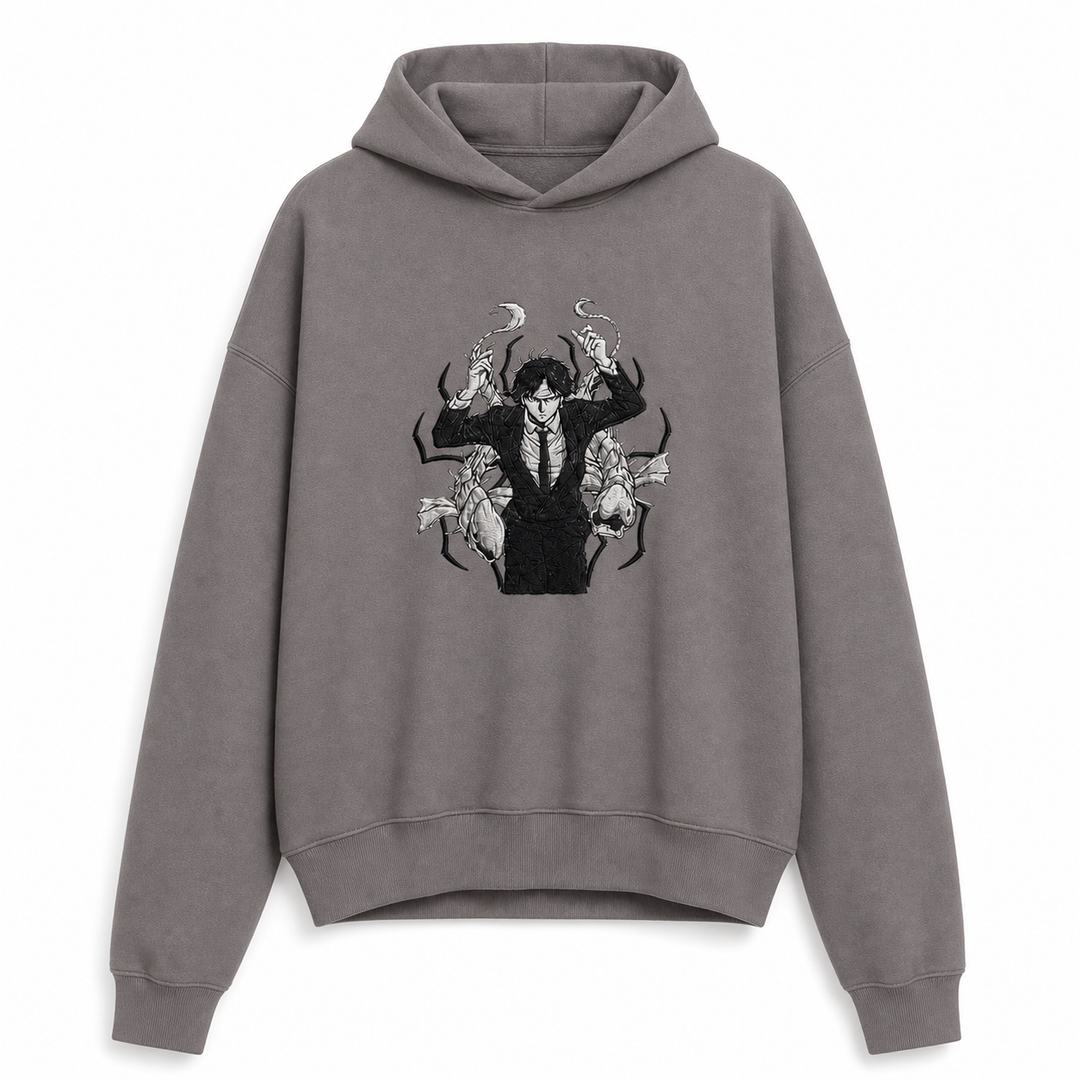 Kaito The False Prophet — light gray full hoodie, corrected single collar seam, v20260623.