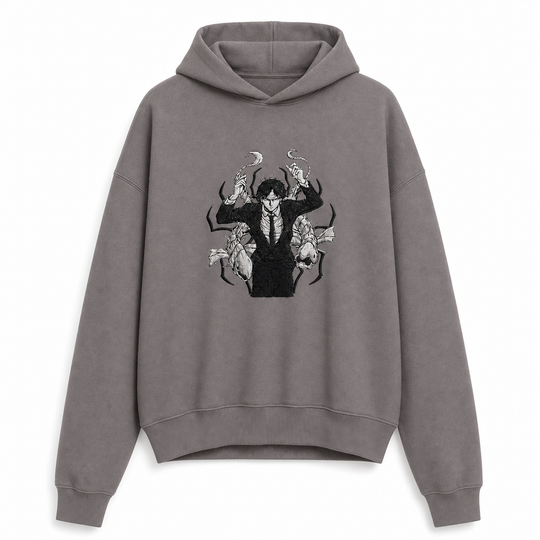 Kaito The False Prophet — light gray full hoodie, corrected single collar seam, v20260623.