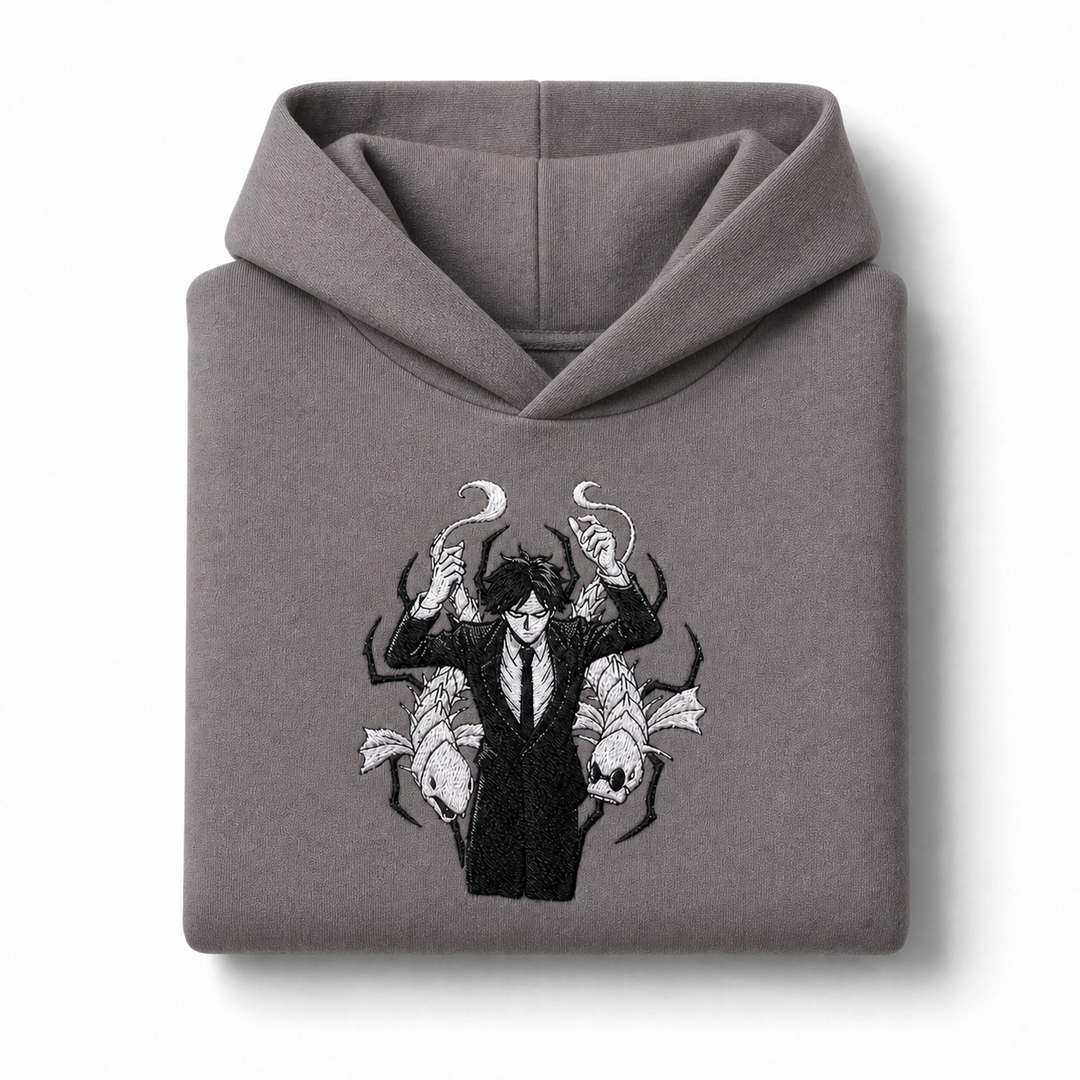 Kaito The False Prophet — light gray folded hoodie, corrected single collar seam, v20260623.