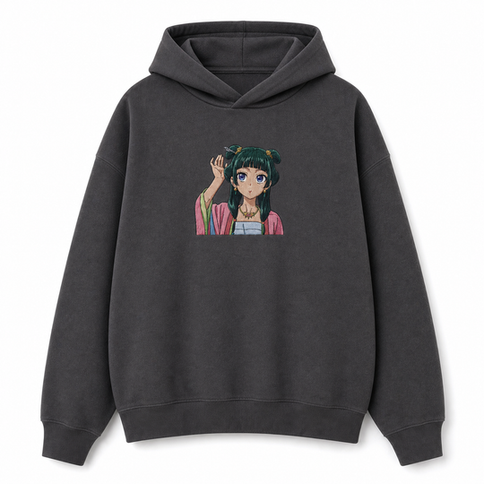 V3 Shopify-color full dark gray no-lace hoodie with medium 20cm Maomao chest embroidery.