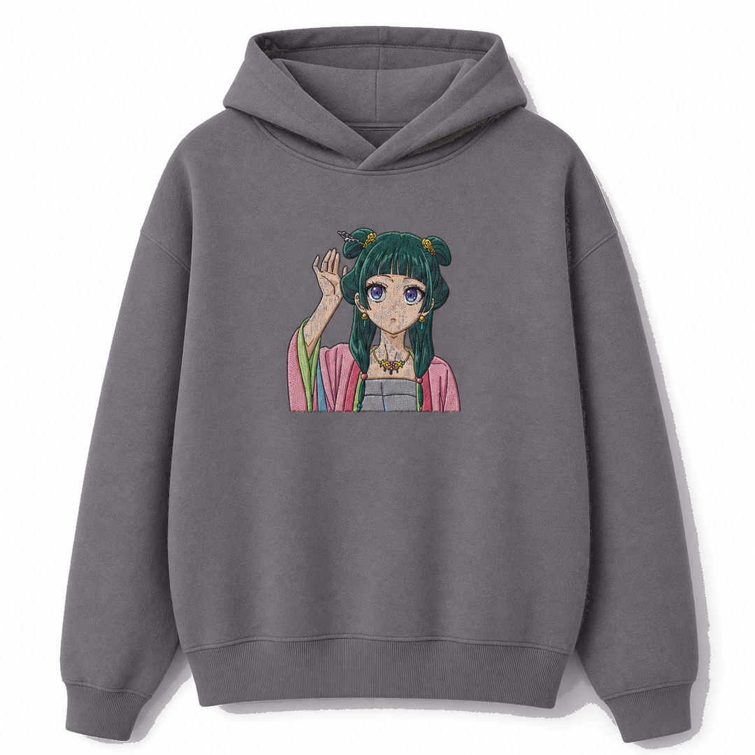 V3.1 Shopify-color light gray no-lace hoodie with medium 20cm Maomao chest embroidery.