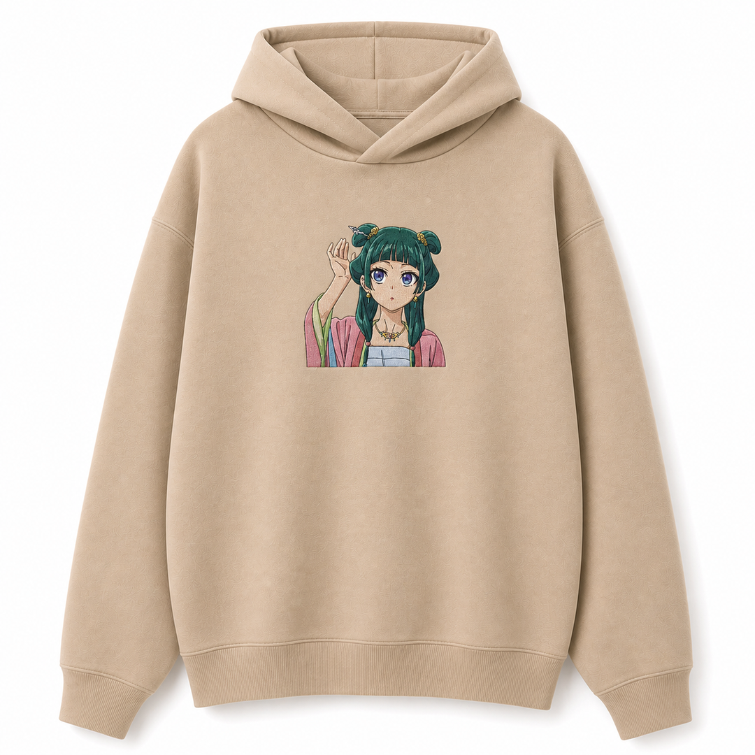 V3 Shopify-color khaki no-lace hoodie with medium 20cm Maomao chest embroidery.