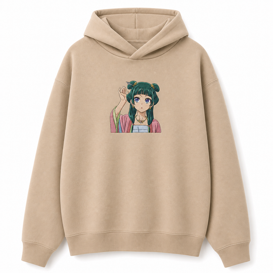 V3 Shopify-color khaki no-lace hoodie with medium 20cm Maomao chest embroidery.