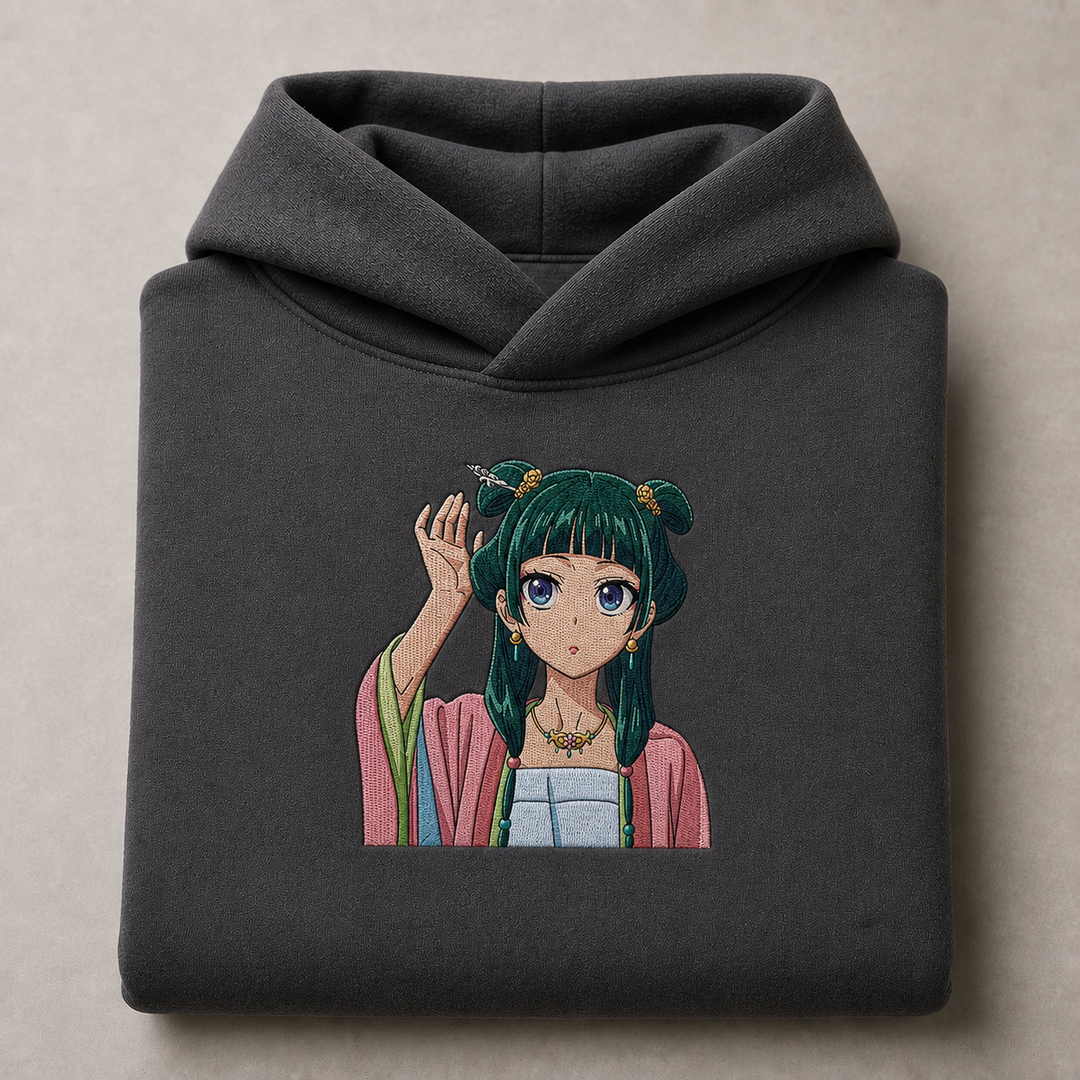 V3 Shopify-color flat lay dark gray folded hoodie with medium 20cm Maomao embroidery.